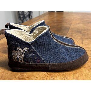 Acorn Women’s 6.5-7.5 Wool Suede Forest Bootie Slippers Navy Moose Embroidered